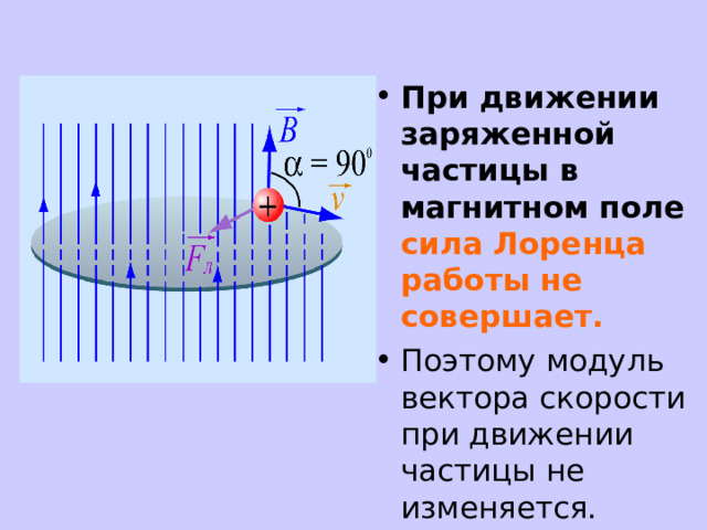 При движении заряженной частицы в магнитном поле сила Лоренца работы не совершает.  Поэтому модуль вектора скорости при движении частицы не изменяется. 