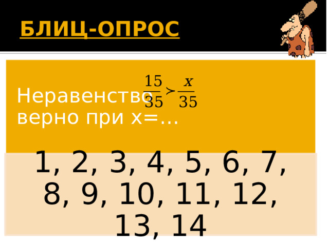 БЛИЦ-ОПРОС  Неравенство верно при х=… 1, 2, 3, 4, 5, 6, 7, 8, 9, 10, 11, 12, 13, 14 Появляется вопрос. Дети дают ответ. По щелчку появляется правильный ответ. 21 