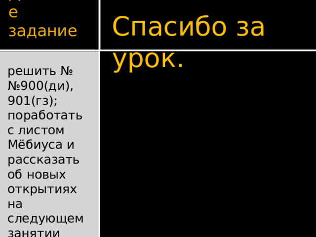 Домашнее задание Спасибо за урок. решить №№900(ди), 901(гз); поработать с листом Мёбиуса и рассказать об новых открытиях на следующем занятии 