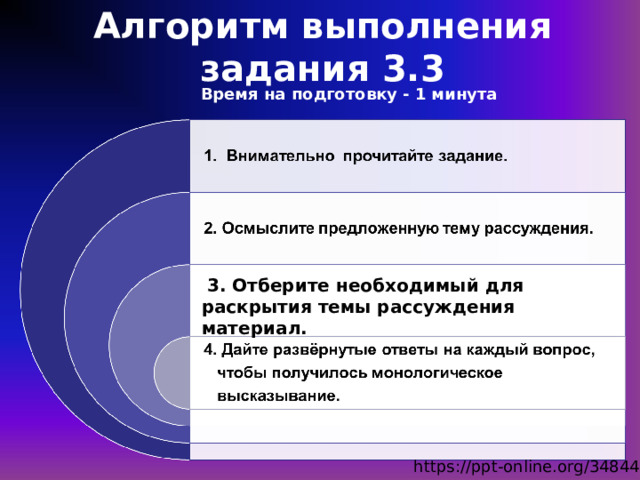 Алгоритм выполнения задания 3.3 Время на подготовку - 1 минута  3. Отберите необходимый для раскрытия темы рассуждения материал. https://ppt-online.org/348448 