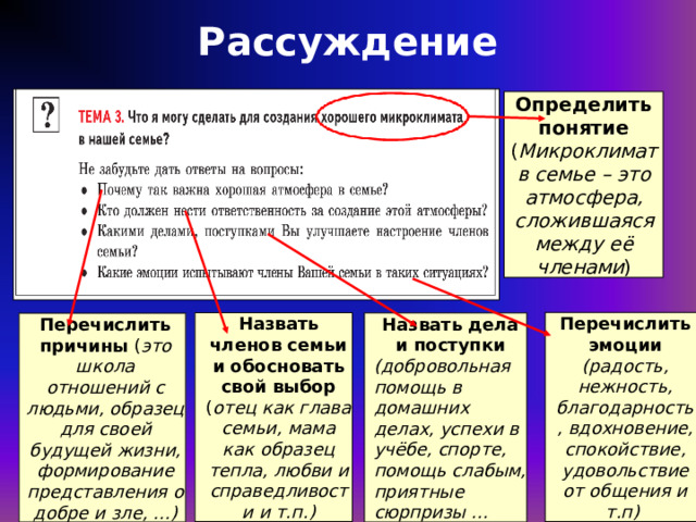 Рассуждение Определить понятие ( Микроклимат в семье – это атмосфера, сложившаяся между её членами ) Перечислить эмоции (радость, нежность, благодарность, вдохновение, спокойствие, удовольствие от общения и т.п)  Назвать членов семьи и обосновать свой выбор ( отец как глава семьи, мама как образец тепла, любви и справедливости и т.п.) Назвать дела и поступки (добровольная помощь в домашних делах, успехи в учёбе, спорте, помощь слабым, приятные сюрпризы … 77 Перечислить причины ( это школа отношений с людьми, образец для своей будущей жизни, формирование представления о добре и зле, …) 