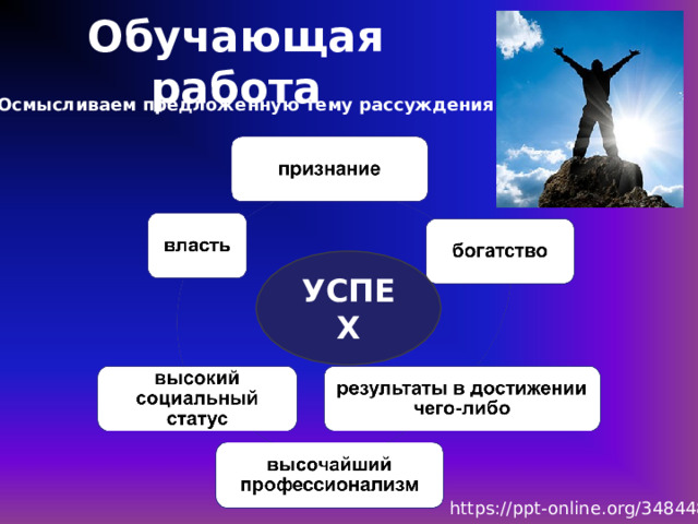 Обучающая работа Осмысливаем предложенную тему рассуждения УСПЕХ https://ppt-online.org/348448  