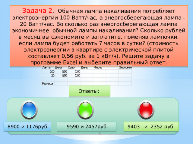 Задача 2 . Обычная лампа накаливания потребляет электроэнергии 100 Ватт/час, а энергосберегающая лампа - 20 Ватт/час. Во сколько раз энергосберегающая лампа экономичнее обычной лампы накаливания? Сколько рублей в месяц вы сэкономите и заплатите, поменяв лампочки, если лампа будет работать 7 часов в сутки? (стоимость электроэнергии в квартире с электрической плитой составляет 0,56 руб. за 1 кВт/ч). Решите задачу в программе Excel и выберите правильный ответ. Ответы: Правильный ответ :2352  8900 и 1176руб.  9590 и 2457руб. 9403 и 2352 руб.   