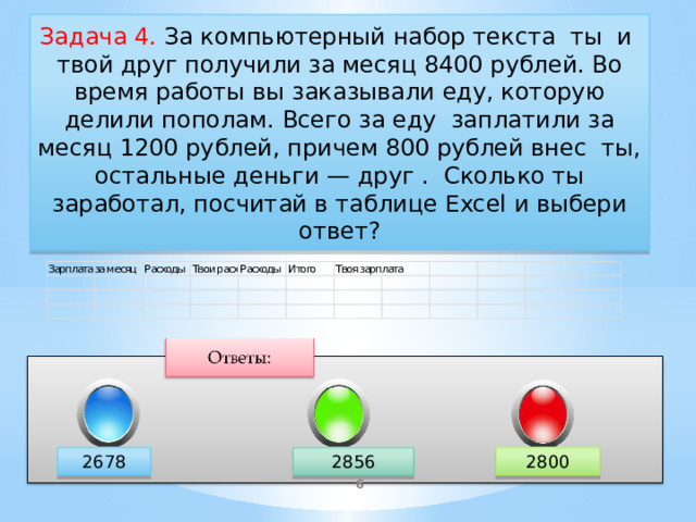 Задача 4. За компьютерный набор текста ты и твой друг получили за месяц 8400 рублей. Во время работы вы заказывали еду, которую делили пополам. Всего за еду заплатили за месяц 1200 рублей, причем 800 рублей внес ты, остальные деньги — друг . Сколько ты заработал, посчитай в таблице Excel и выбери ответ? 2800 2678 2856 2800   