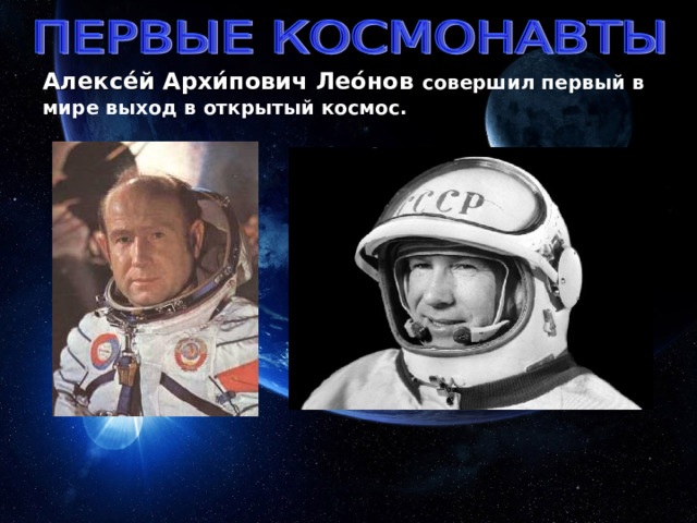 Алексе́й Архи́пович Лео́нов  совершил первый в мире выход в открытый космос. 