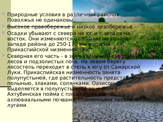 Природные условия в различных районах Поволжья не одинаковы. Высокое правобережье и низкое левобережье. Осадки убывают с севера на юг и с запада на восток. Они изменяются от 550 мм на северо-западе района до 250-170 мм в год на Прикаспийской низменности. Северная его часть - в зоне хвойных и смешанных лесов и подзолистых почв. На левом берегу лесостепь переходит в степь к югу от Самарской Луки. Прикаспийская низменность занята полупустыней, где растительность представлена полынью, злаками, солянками. Оазисом выделяется в полупустынной зоне Волго-Ахтубинская пойма с плодородными аллювиальными почвами, пойменными лесами и лугами .   