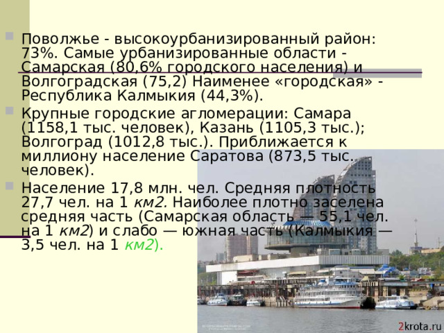 Поволжье - высокоурбанизированный район: 73%. Самые урбанизированные области - Самарская (80,6% городского населения) и Волгоградская (75,2) Наименее «городская» - Республика Калмыкия (44,3%). Крупные городские агломерации: Самара (1158,1 тыс. человек), Казань (1105,3 тыс.); Волгоград (1012,8 тыс.). Приближается к миллиону население Саратова (873,5 тыс. человек). Население 17,8 млн. чел. Средняя плотность 27,7 чел. на 1 км2. Наиболее плотно заселена средняя часть (Самарская область — 55,1 чел. на 1 км2 ) и слабо — южная часть (Калмыкия — 3,5 чел. на 1 км2 ).   