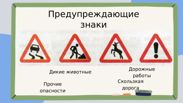 Предупреждающие знаки Дорожные работы Дикие животные Скользкая дорога Прочие опасности 