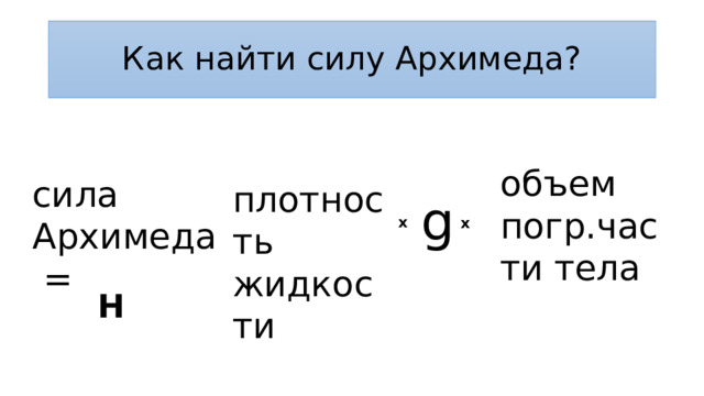 Как найти силу Архимеда? объем погр.части тела сила Архимеда = плотность жидкости g x x Н 