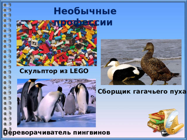 Необычные профессии  Скульптор из LEGO Сборщик гагачьего пуха Переворачиватель пингвинов 
