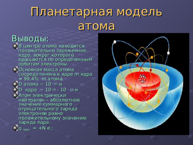 Планетарная модель атома Выводы:  В центре атома находится положительно заряженное ядро, вокруг которого вращаются по определенным орбитам электроны. Основная масса атома сосредоточена в ядре m ядра = 99,4% m атома. D атома ~ 10 –10  м D  ядра  ~ 10 -14 - 10  – 15  м Атом электрически нейтрален – абсолютное значение суммарного отрицательного заряда электронов равно положительному значению заряда ядра. q ядра = + N e ; 