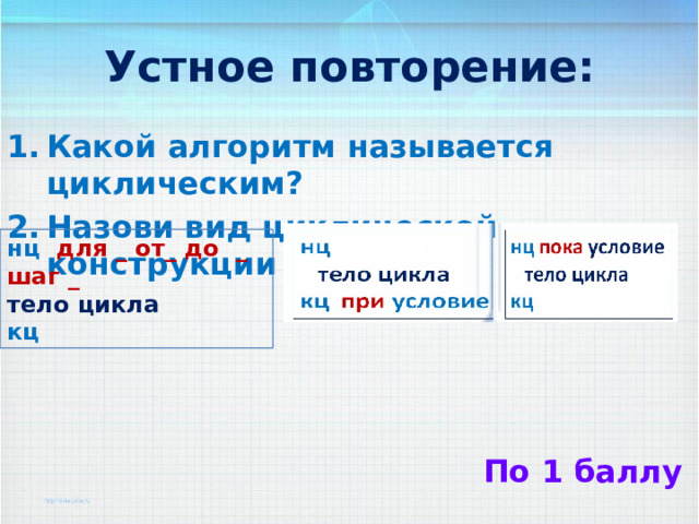 Устное повторение: Какой алгоритм называется циклическим? Назови вид циклической конструкции      нц  для _ от_ до _ шаг _ тело цикла кц По 1 баллу 