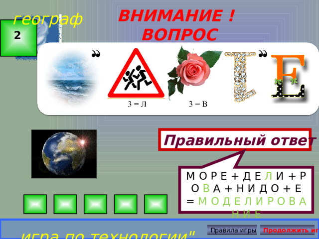 М О Р Е + Д Е Л И + Р О В А + Н И Д О + Е = М О Д Е Л И Р О В А Н И Е  географ ВНИМАНИЕ ! ВОПРОС 2 Правильный ответ игра по технологии