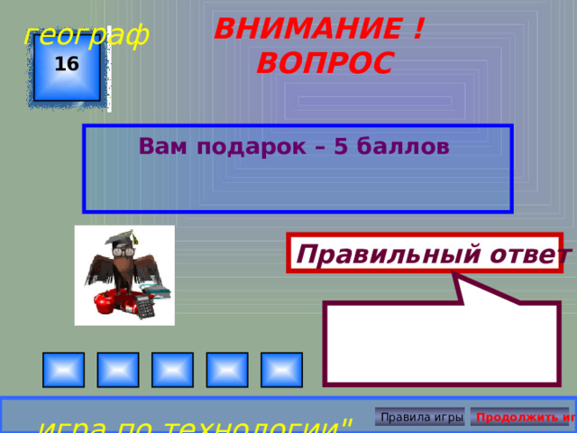  географ ВНИМАНИЕ ! ВОПРОС 16 Вам подарок – 5 баллов Правильный ответ игра по технологии