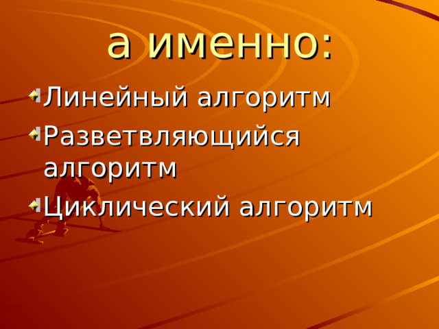 а именно: Линейный алгоритм Разветвляющийся алгоритм Циклический алгоритм