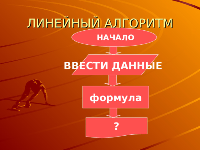 ЛИНЕЙНЫЙ АЛГОРИТМ НАЧАЛО ВВЕСТИ ДАННЫЕ формула ?