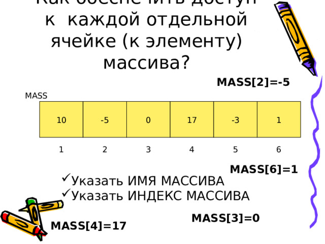 Как обеспечить доступ к каждой отдельной ячейке (к элементу) массива? MASS[2]=-5 MASS -5 0 17 -3 1 10 5 6 2 4 3 1 MASS[6]=1 Указать ИМЯ МАССИВА Указать ИНДЕКС МАССИВА MASS[3]=0 MASS[4]=17 