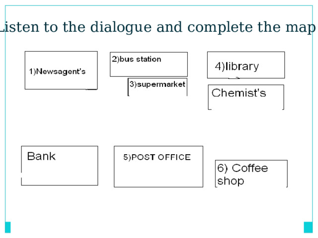 Listen to the dialogue and complete the map 