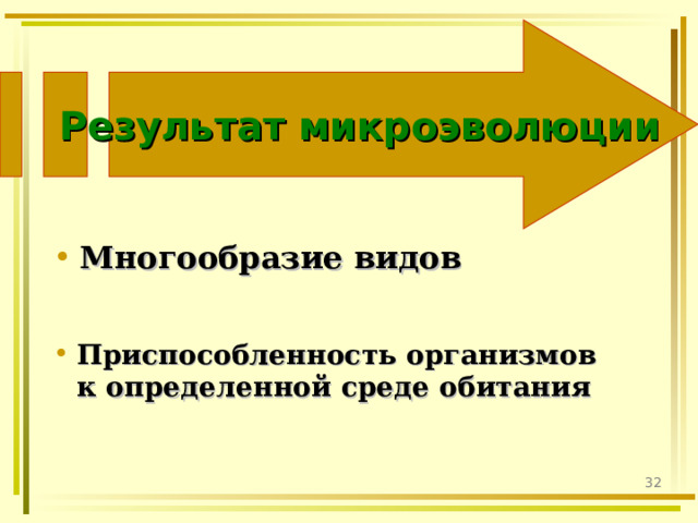 Результат микроэволюции Многообразие видов Приспособленность организмов к определенной среде обитания   