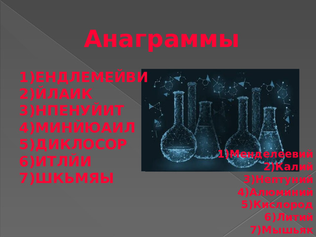 Анаграммы ЕНДЛЕМЕЙВИ ЙЛАИК НПЕНУЙИТ МИНЙЮАИЛ ДИКЛОСОР ИТЛЙИ ШКЬМЯЫ Менделеевий Калий Нептуний Алюминий Кислород Литий Мышьяк 