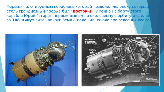 Первым пилотируемым кораблем, который позволил человеку совершить столь грандиозный прорыв был 