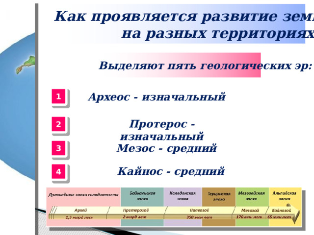 Как проявляется развитие земной коры на разных территориях? Выделяют пять геологических эр: 1 Археос - изначальный 2 Протерос - изначальный 3 Мезос - средний 4 Кайнос - средний 