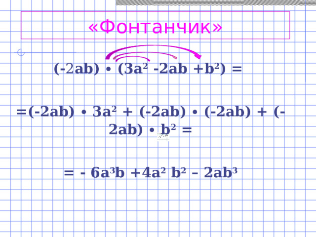 «Фонтанчик» (- 2 а b ) ∙ (3а 2 -2аb +b 2 ) =  = (-2аb) ∙ 3а 2 + (-2а b ) ∙ (-2а b ) + (-2 ab ) ∙ b 2 =  = - 6a 3 b +4а 2 b 2 – 2ab 3