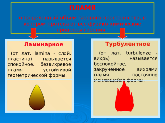 ПЛАМЯ определенный объем газового пространства, в котором протекают все физико-химические процессы горения.   Турбулентное  (от лат. turbulenze - вихрь) называется беспокойное, закрученное вихрями пламя постоянно меняющейся формы.   Ламинарное  (от лат. lamina - слой, пластина) называется спокойное, безвихревое пламя устойчивой геометрической формы. 