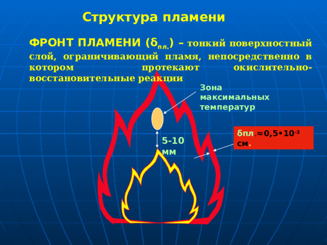 Структура пламени ФРОНТ ПЛАМЕНИ ( δ пл. ) –  тонкий поверхностный слой, ограничивающий пламя, непосредственно в котором протекают окислительно-восстановительные реакции Зона максимальных температур  δ пл . ≈ 0,5•10 -3 см . 5-10 мм  