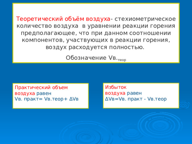 Теоретический объём воздуха - стехиометрическое количество воздуха в уравнении реакции горения предполагающее, что при данном соотношении компонентов, участвующих в реакции горения, воздух расходуется полностью. Обозначение Vв. теор Избыток воздуха равен Δ V в= V в. практ - V в.теор Практический объем воздуха равен V в. практ= V в.теор+ Δ V в 