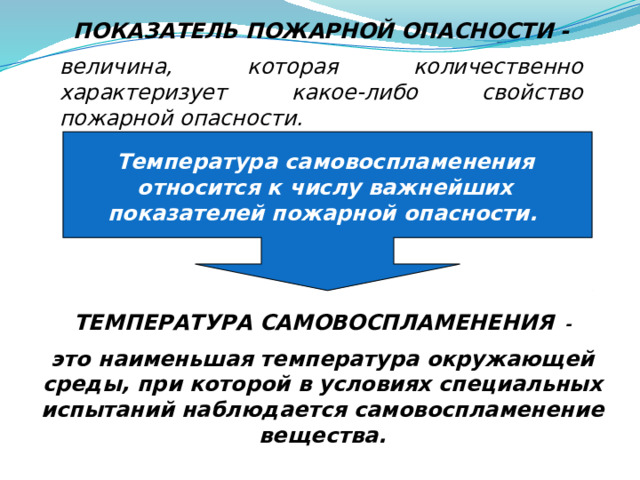 ПОКАЗАТЕЛЬ ПОЖАРНОЙ ОПАСНОСТИ - величина, которая количественно характеризует какое-либо свойство пожарной опасности. Температура самовоспламенения относится к числу важнейших показателей пожарной опасности.  ТЕМПЕРАТУРА САМОВОСПЛАМЕНЕНИЯ - это наименьшая температура окружающей среды, при которой в условиях специальных испытаний наблюдается самовоспламенение вещества. 