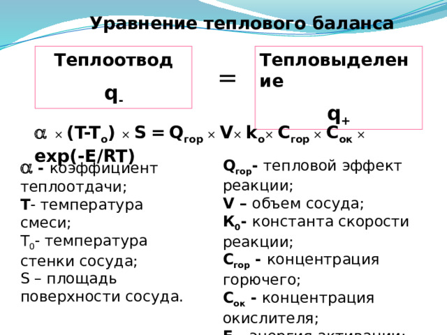 Уравнение теплового баланса Тепловыделение Теплоотвод q - q + =   × (T-T o ) × S  =  Q гop × V × k o × C гop × C oк × exp(-E/RT)   - коэффициент теплоотдачи; Т - температура смеси; Т 0 - температура стенки сосуда; S – площадь поверхности сосуда. Q гор - тепловой эффект реакции; V – объем сосуда; К 0 - константа скорости реакции; C гop - концентрация горючего; С ок - концентрация окислителя; Е - энергия активации; R - универсальная газовая постоянная.  