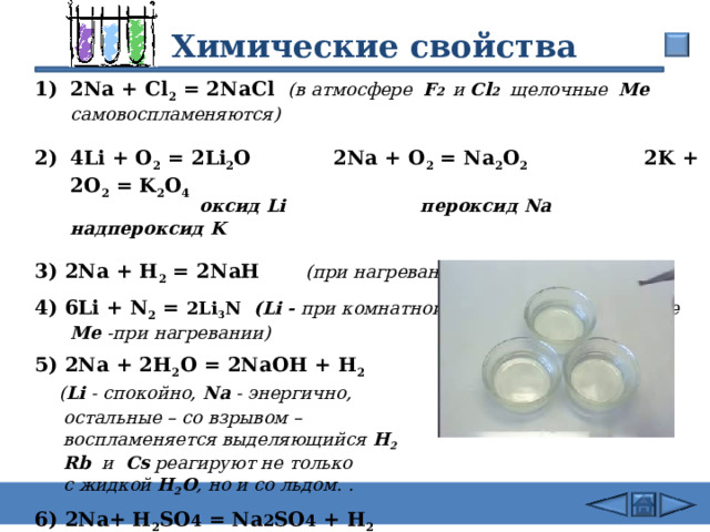 26.02.24  Химические свойства 2Na + Cl 2 = 2NaCl ( в атмосфере  F 2 и Cl 2   щелочные  Me  самовоспламеняются)     4Li + O 2 = 2Li 2 O 2Na + O 2 = Na 2 O 2    2K + 2O 2 = K 2 O 4   оксид Li   пероксид Na     надпероксид K   3) 2Na + Н 2 = 2NaН   (при нагревании 200-400 o C) 4) 6Li + N 2 = 2Li 3 N  ( Li - при комнатной T , остальные щелочные  Me - при нагревании)  5 ) 2Na + 2Н 2 О = 2NaОН + Н 2   ( Li - спокойно, Na - энергично,   остальные – со взрывом –   воспламеняется выделяющийся Н 2  Rb  и  Cs реагируют не только  с жидкой Н 2 О , но и со льдом. .  6 ) 2Na+ Н 2 S О 4 = Na 2 S О 4 + Н 2 (протекают очень бурно)  7 ) 2 C 2 H 5 OH + 2Na = 2 C 2 H 5 O Na + Н 2 Щелочные металлы с водой  23 