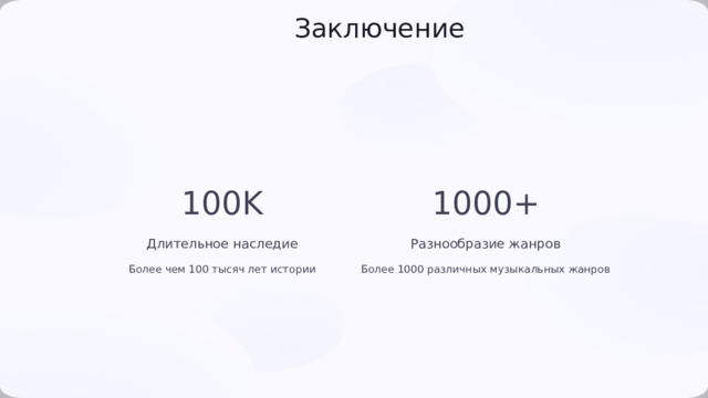  Заключение 100K 1000+ Длительное наследие Разнообразие жанров Более чем 100 тысяч лет истории Более 1000 различных музыкальных жанров 