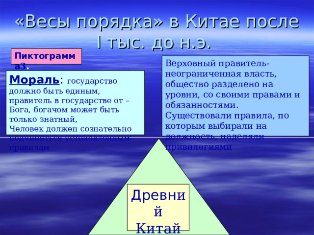 «Весы порядка» в Китае после I тыс. до н.э. Пиктограмма 3 . Верховный правитель- неограниченная власть, общество разделено на уровни, со своими правами и обязанностями. Существовали правила, по которым выбирали на должность, наделяли привилегиями Мораль : государство должно быть единым, правитель в государстве от –Бога, богачом может быть только знатный, Человек должен сознательно подчиняться установленным правилам Древн ий  Китай 