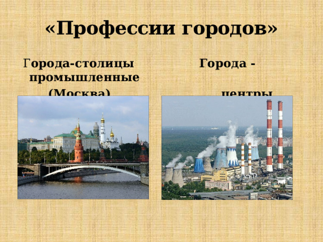 «Профессии городов»  Г орода-столицы Города - промышленные  (Москва) центры (Челябинск) 