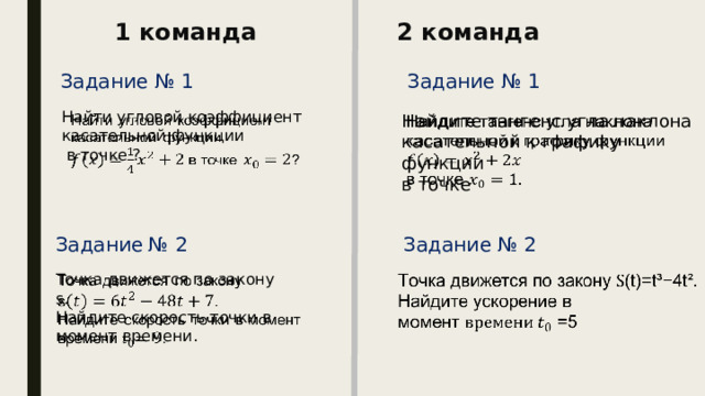 1 команда     2 команда  Задание № 1 Задание № 1 Найдите тангенс угла наклона касательной к графику функции  в точке   Найти угловой коэффициент касательной функции    в точке ? Задание № 2 Задание  № 2   Точка движется по закону   s.  Найдите скорость точки в момент времени. 