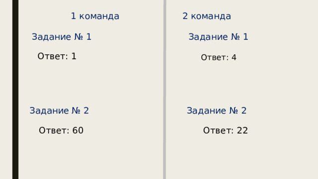 1 команда     2 команда Задание № 1 Задание № 1 Ответ: 1 Ответ: 4 Задание № 2 Задание  № 2 Ответ: 60 Ответ: 22 