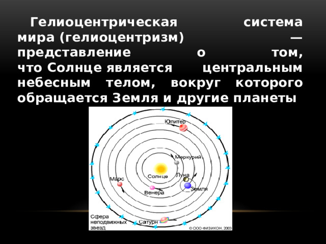 Гелиоцентрическая система мира (гелиоцентризм) — представление о том, что Солнце является центральным небесным телом, вокруг которого обращается Земля и другие планеты 
