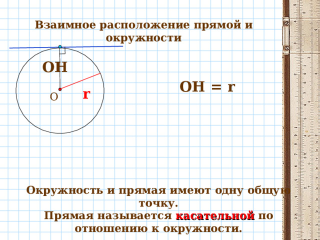 Взаимное расположение прямой и окружности ОН  ОН  = r r О Окружность и прямая имеют одну общую точку. Прямая называется касательной  по отношению к окружности. 13 