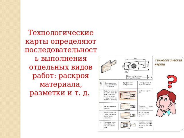 Технологические карты определяют последовательность выполнения отдельных видов работ: раскроя материала, разметки и т. д. 