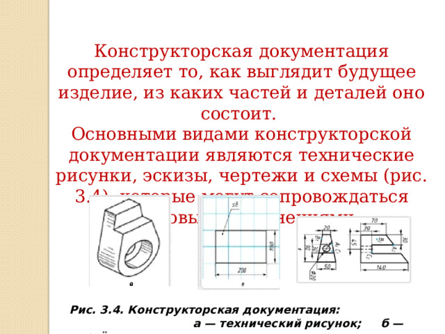 Конструкторская документация определяет то, как выглядит будущее изделие, из каких частей и деталей оно состоит. Основными видами конструкторской документации являются технические рисунки, эскизы, чертежи и схемы (рис. 3.4), которые могут сопровождаться текстовыми пояснениями. Рис. 3.4. Конструкторская документация:  а — технический рисунок; б — чертёж; в — эскиз 