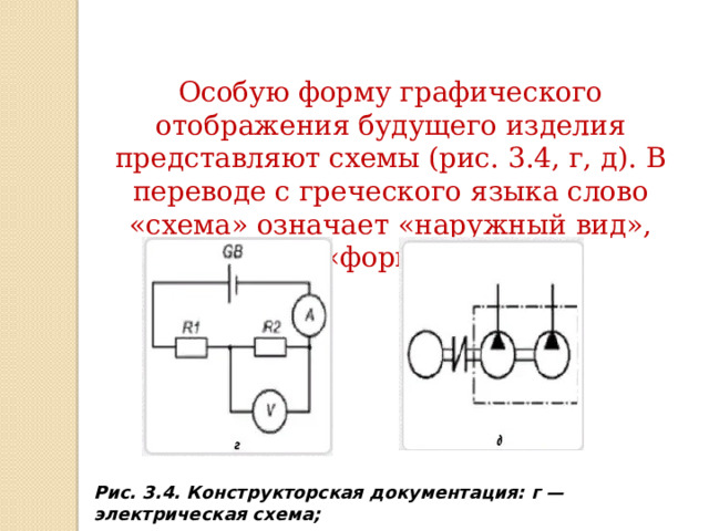 Особую форму графического отображения будущего изделия представляют схемы (рис. 3.4, г, д). В переводе с греческого языка слово «схема» означает «наружный вид», «форма». Рис. 3.4. Конструкторская документация: г — электрическая схема;  д — пневматическая схема 