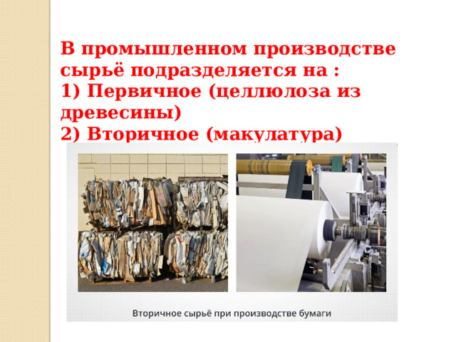 В промышленном производстве сырьё подразделяется на : 1) Первичное (целлюлоза из древесины) 2) Вторичное (макулатура) 