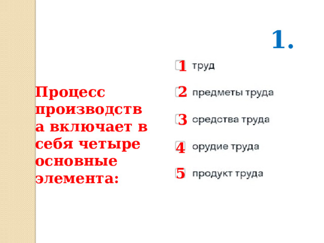 1. 1 Процесс производства включает в себя четыре основные элемента: 2 3 4 5 