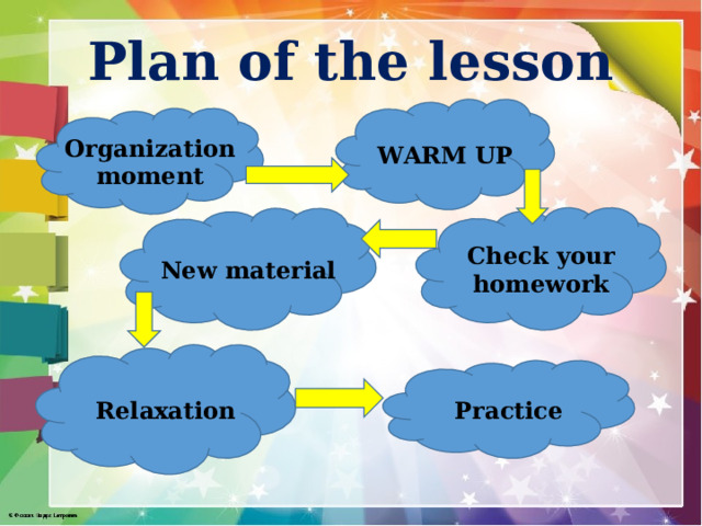 Plan of the lesson WARM UP Organization moment Check your homework New material Relaxation Practice 