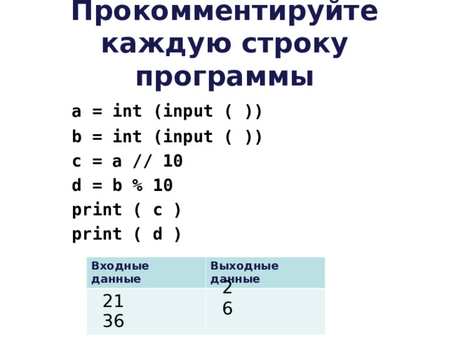 Прокомментируйте каждую строку программы   a = int (input ( ))   b = int (input ( ))   с = a // 10   d = b % 10   print ( c )   print ( d ) Входные данные  21   36 Выходные данные 2 6