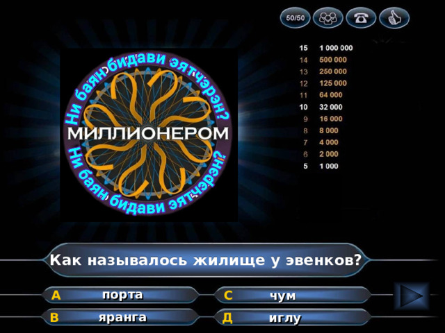 Как называлось жилище у эвенков? порта А чум С яранга иглу Д В 