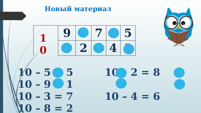 Новый материал 9 1 8 2 7 3 6 5 4 5 10 10 – 5 = 5 10 – 2 = 8 10 – 9 = 1 10 – 3 = 7 10 – 4 = 6 10 – 8 = 2 