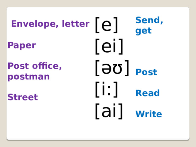 [e] [ei] [әʊ] [i:] [ai] Send, get    Post  Read  Write  Envelope, letter  Paper  Post office, postman  Street  